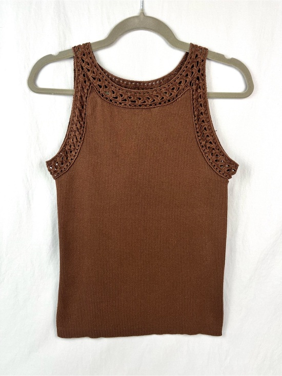 Grace Elements Tops - Vintage Y2K Grace Elements Brown Ribbed Tank Crochet Trim Bohemian Cottagecore